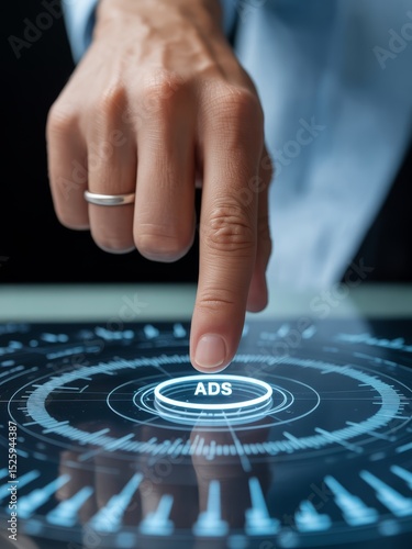 Finger pressing ads button digital marketing technology