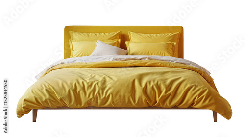 Modern yellow bed with yellow  bedding  isolated PNG