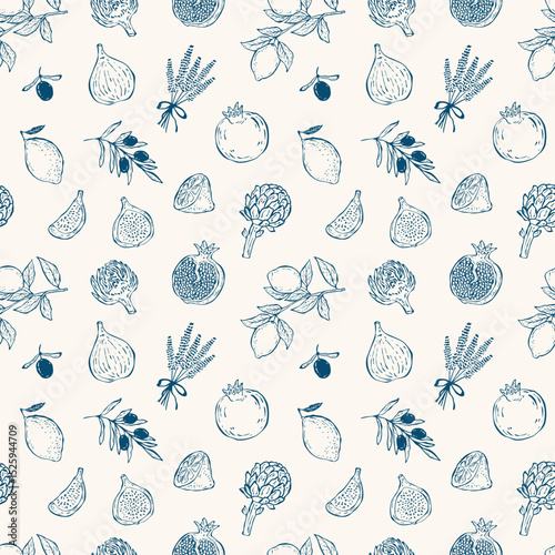 Seamless vector pattern of Mediterranean fruits including lemon, pomegranate, fig, and olive in a doodle illustration style. Perfect for packaging, textiles, backgrounds, and culinary designs.