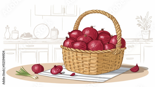 Onion in basket in kitchen Illustration vector design, Onion Illustration vector design