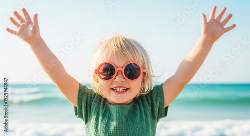 A cheerful child with arms raised gleefully on the beach, wearing vibrant sunglasses and smiling bright.