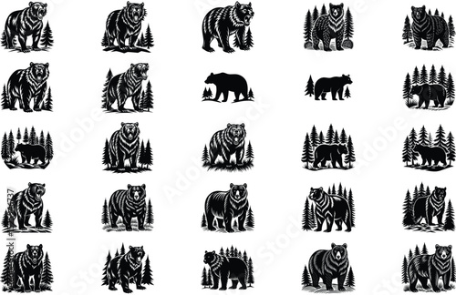 Black and white grizzly bears in forest set