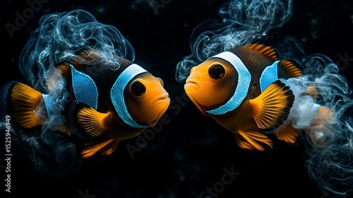 Two clownfish face each other, surrounded by ethereal smoke-like trails in dark water