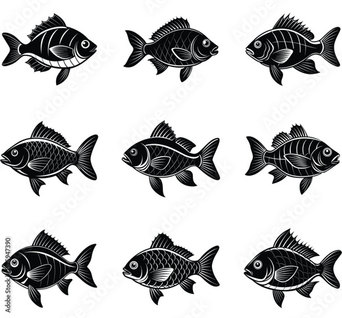 Nine black and white fish illustrations