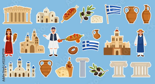 icon set of Greece’s symbols. Travel illustration featuring famous Greek landmarks such as the Parthenon and Santorini houses, people in traditional Greek clothing, Greek food like gyros, olives
