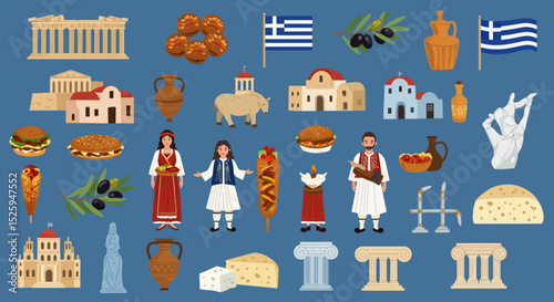 icon set of Greece’s symbols. Travel illustration featuring famous Greek landmarks such as the Parthenon and Santorini houses, people in traditional Greek clothing, Greek food like gyros, olives