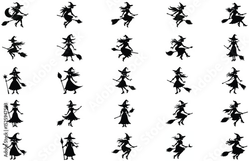 Twenty four silhouettes of witches on broomsticks