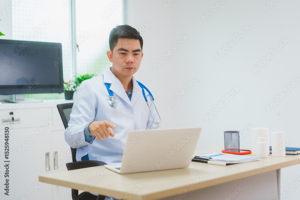 Asian male psychiatrist conducts an online consultation, attentively engaging with patient via video call. gestures expressively, demonstrating empathy and professional care in bright, modern clinic. Asian male psychiatrist conducts an online consultation, attentively engaging with patient via video call. gestures expressively, demonstrating empathy and professional care in bright, modern clinic.