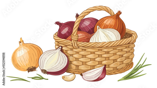 Onion in wicker basket in white background vector design, Onion Illustration vector design