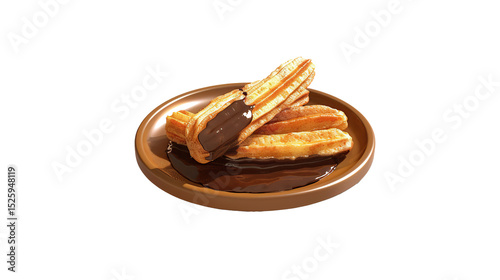 Freshly fried churros with one piece dipped in smooth chocolate sauce, isolated on transparent background. PNG