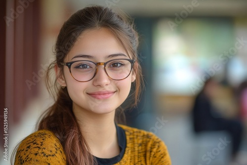 Smiling female student in college campus, confidently carrying out her academic journey while enjoying the vibrant atmosphere of her school, Generative AI