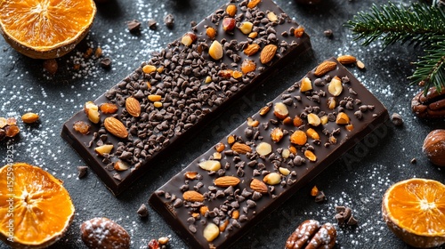 Two dark chocolate bars topped with nuts and dried orange slices
