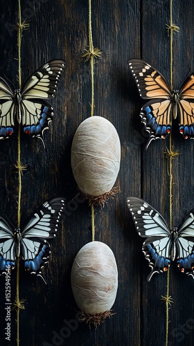 Two eggs wrapped in beige fabric hang between four butterflies on dark wood