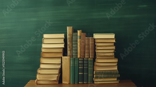 Vintage hardbound books arranged on distressed wooden tabletop, deep forest green chalkboard background, educational atmosphere, commercial photography, natural lighting, shallow depth of field,