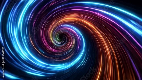 Bright neon colored swirl tunnel abstract background animation. Light trail effect vortex with colorful lights.
