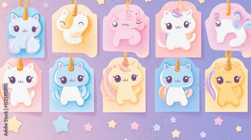 Enchanting display of educational tags featuring wide-eyed kitty characters with flowing unicorn manes, cotton candy color scheme, star-dusted backgrounds, metallic horn details, gentle pastel