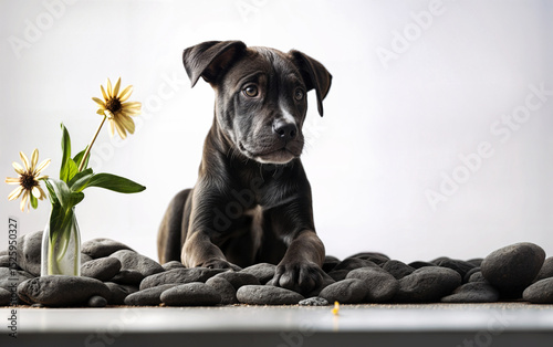 Curious black and brown puppy resting on black stones. Young dog gazes calmly beside yellow daisies in a vase. Pet portrait in serene minimalist indoor setting.