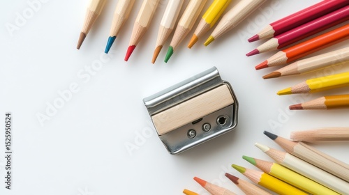 Drawing implements flat lay composition, carefully arranged color pencils, traditional metal sharpener, delicate wood curls scattered artistically, clean white surface, studio lighting setup, macro