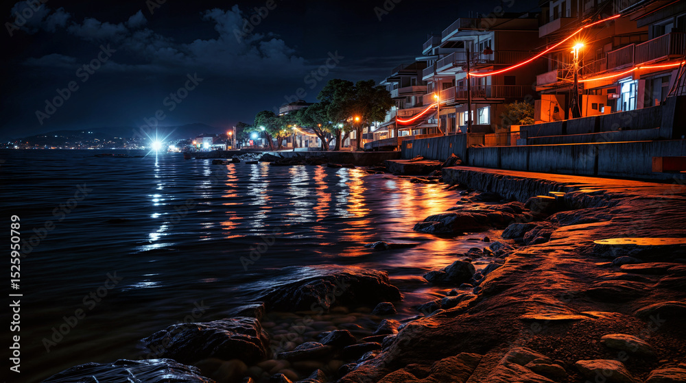 Obraz premium Night view of illuminated coastal promenade with reflections on sea water. Tranquil seaside town with modern buildings and glowing streetlights along rocky shoreline.