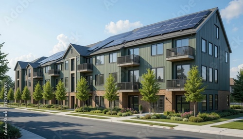 Contemporary green multifamily residences equipped with solar panels