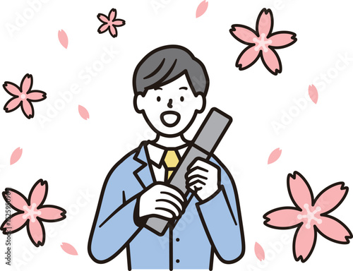 桜と笑顔で卒業証書を持つ男子高校生のイラスト素材