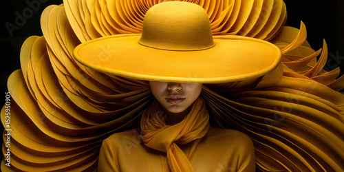 Avant-garde fashion portrait of woman in oversized yellow hat and scarf. Conceptual studio shot with abstract radial pattern. Futuristic high fashion style in monochromatic gold tones.