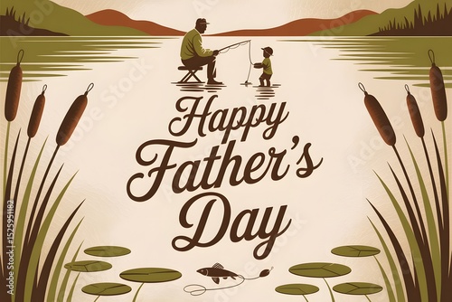 Happy fathers day fishing lake scene illustration