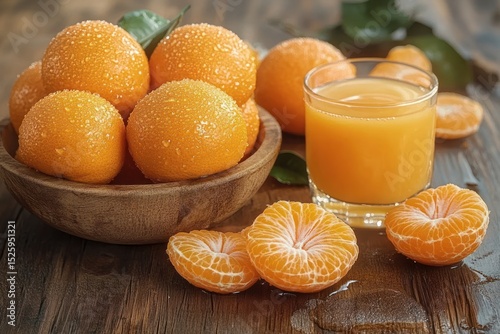 Fresh dew-covered mandarins in a wooden bowl with green leaves alongside peeled mandarin halves and a glass of fresh mandarin juice on a rustic wooden surface
