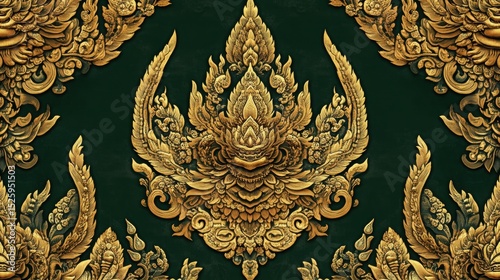 Golden Thai Art  Intricate Carving   Ornate Design  Seamless Pattern  Green Background
