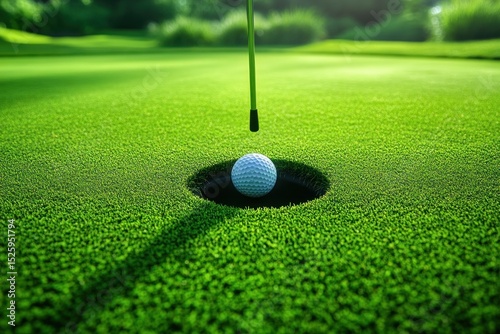 Close-up of a golf ball resting at the edge of a hole on a vibrant green golf course with the flagstick visible, evoking a calm and focused atmosphere
