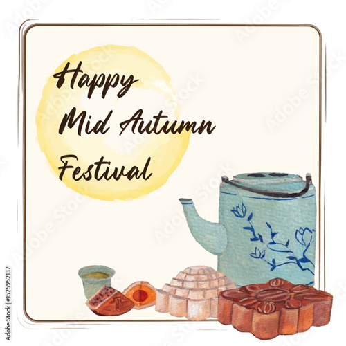 Mid Autumn festival banner. Watercolor strokes, tea pot with mooncakes illustration. Oriental traditional heritage theme. Vietnam, Chinese, Taiwan traditional celebration. Elegant  painting background