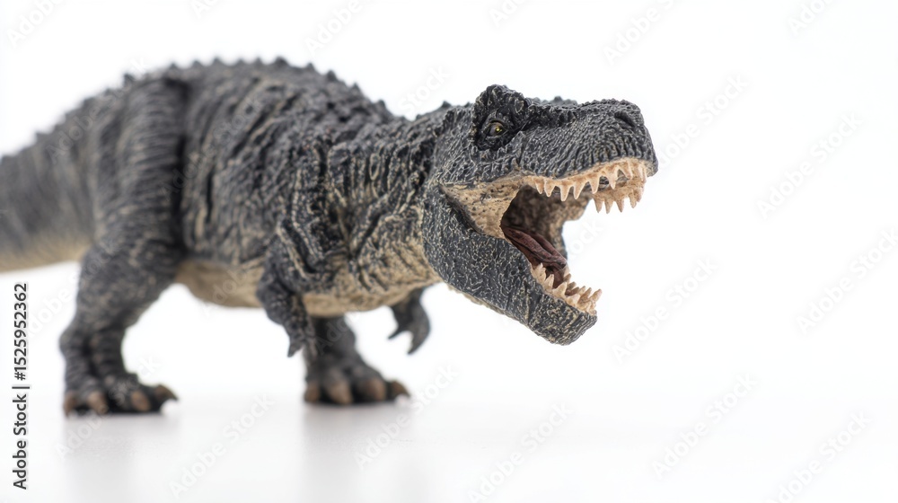 Naklejka premium Detailed realistic Tyrannosaurus rex toy model with textured dark gray and black skin, tan underbelly, wide open mouth showcasing sharp off-white teeth and dark fleshy tongue, small yellow menacing e 