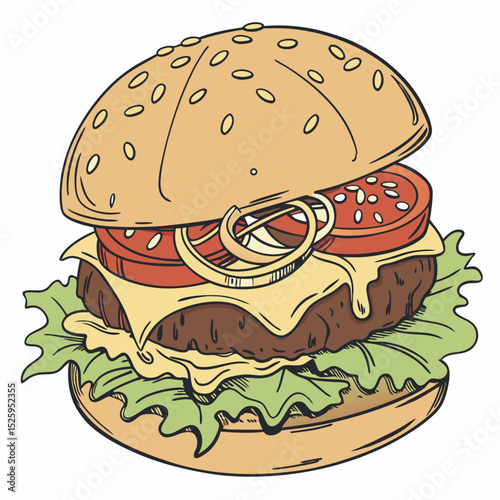 Handdrawn Detailed Delicious Burger Fast Food Illustration with Lettuce and Tomato