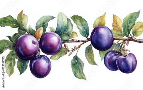 Branch with multiple ripe dark purple plums and green leaves with some turning yellow on white background