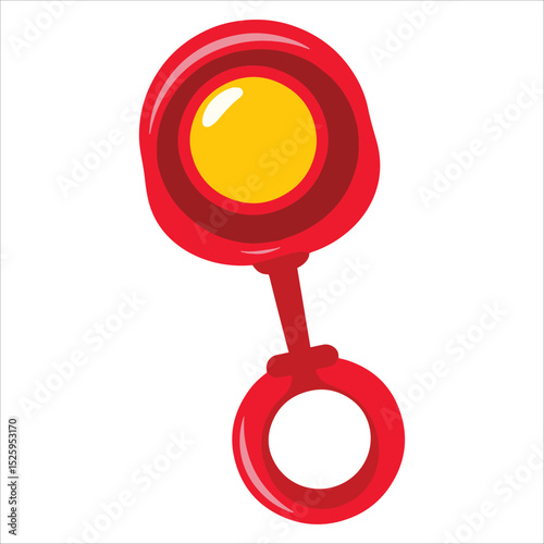 Baby rattle toy in cheerful cartoon vector style. Perfect for baby product packaging, nursery decor and newborn gift card designs with playful infant themes.