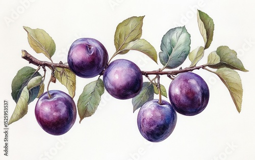 Detailed watercolor painting of a branch with ripe purple plums and green leaves on a white background