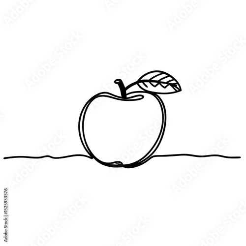 Single line drawing of an apple with a leaf resting on a line in black and white style art