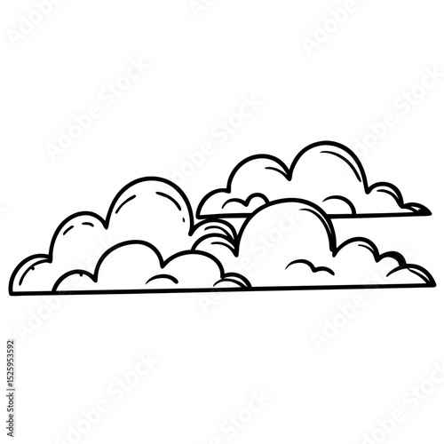 Illustration of a group of fluffy clouds with thick black outlines against a white background sky