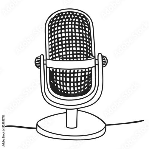 A vintage microphone illustration with a rounded base and a wire extending from the bottom right side