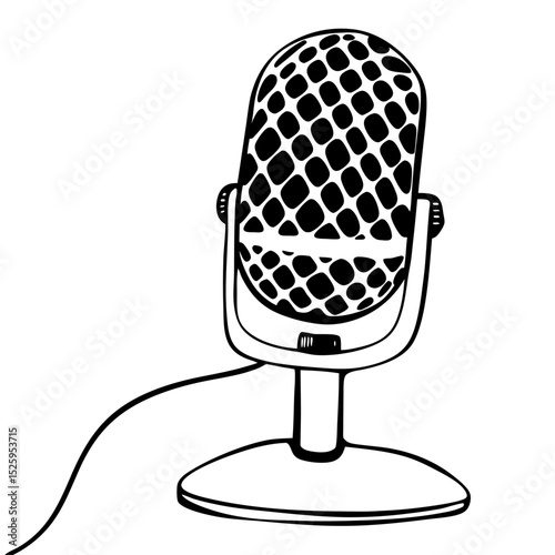 A vintage microphone illustration with a rounded base and a connecting cable on a white background art 100