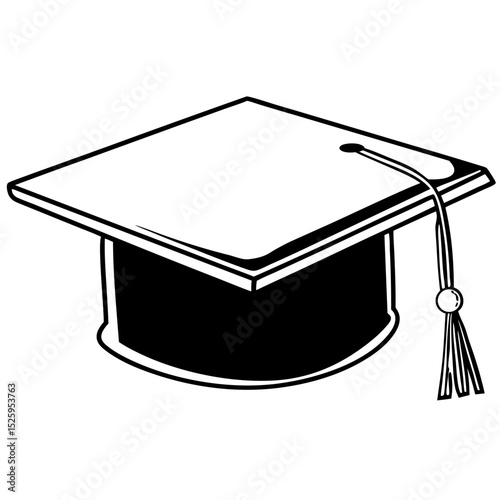 A simple black and white illustration of a graduation cap with a tassel isolated on a white background