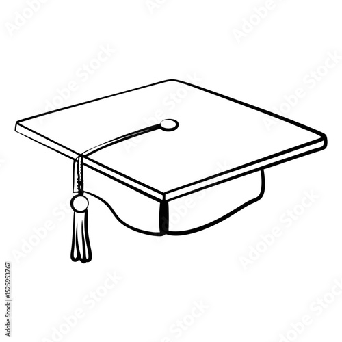 A graduation cap illustration with a tassel hanging down in a black and white graphic design image style
