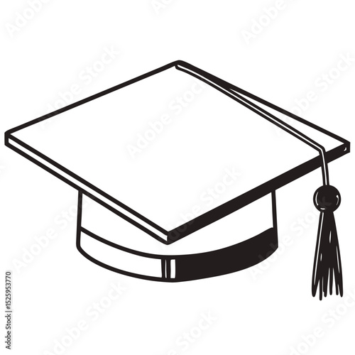 A simple black and white line drawing of a graduation cap with a tassel isolated on a white background