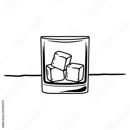 A simple black and white illustration of a glass with liquid and two ice cubes inside on a white background