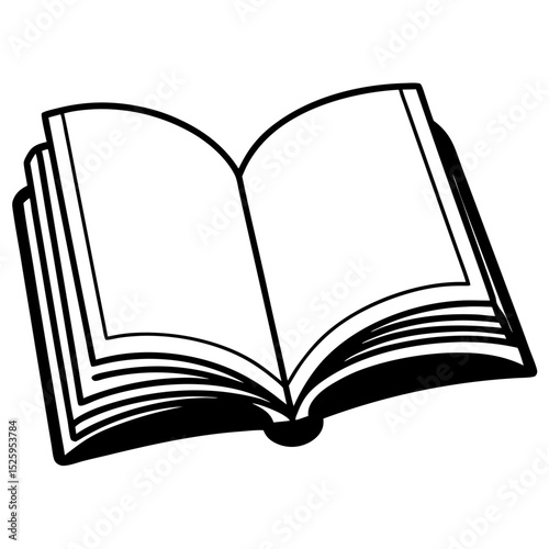 Illustration of an open book with blank pages ready for text or drawings in black and white style