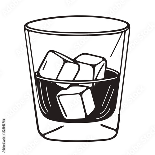 A minimalist illustration of a square glass containing three ice cubes on a flat surface in black and white