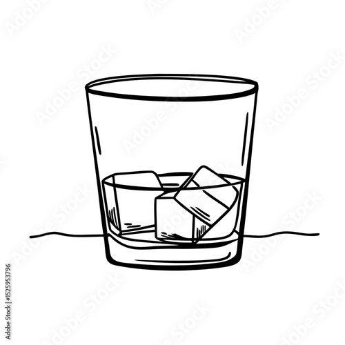 A simple line drawing of a short glass containing several ice cubes sitting on a flat surface image art