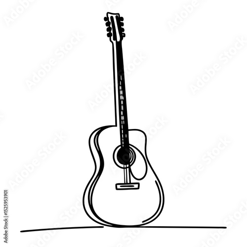 Simple line drawing of an acoustic guitar with strings and headstock on a white background design art
