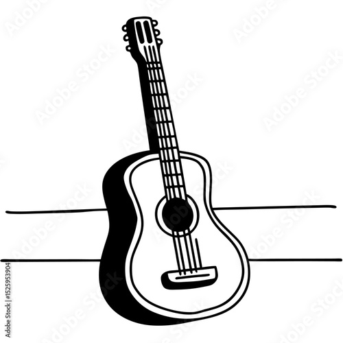 Illustration of an acoustic guitar with strings and tuning pegs in black and white style drawing art