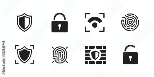 Secure Your Data with these Cybersecurity Icons featuring shields, locks, and fingerprint scans for enhanced digital protection.